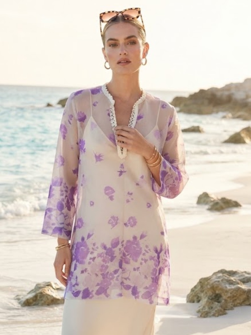 Boho Chic Vintage Purple Floral Sheer Tunic Blouse with Crochet Button Neckline